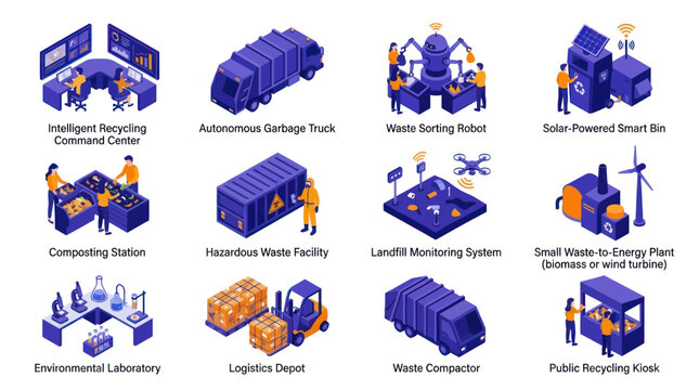 Isometric Smart Waste Management System Icons Set.
