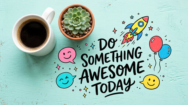 A cup of coffee and a succulent plant sit beside a motivational quote, symbolizing inspiration, productivity, and daily achievement on a bright background