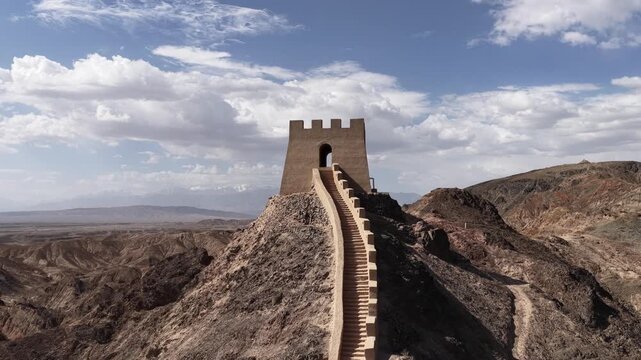 Ancient Chinese Great Wall Watchtower and Fortification on Rugged Mountains in Gansu Province, Northwest China