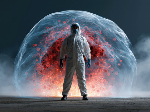 Protective suit healthcare worker mask glove safety medical infection virus disease pandemic isolation biohazard contamination protection person standing full body hazmat suit face shield sterile