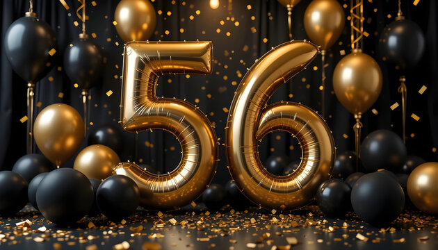 Golden and black balloons celebrate number fifty six with confetti background.
