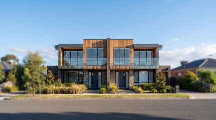 Naklejka premium Modern duplex house with wooden facade. Contemporary residential building with glass balcony.