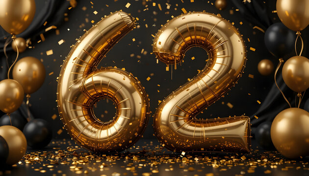 Golden balloon numerals sixty two with black and gold balloons and glitter for milestone party.