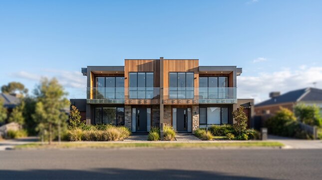 Modern duplex house with wooden facade. Contemporary residential building with glass balcony.