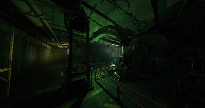 green lit generator bay with humming machinery and cable bundles, heavy atmosphere, coolant stains and warning stripes, imagined engineer route for urgent