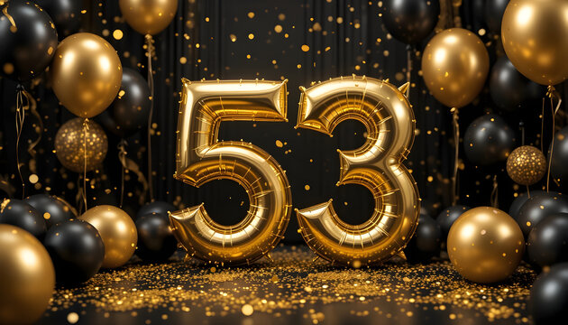 Golden fifty three number balloons on black background with falling confetti for anniversary day.