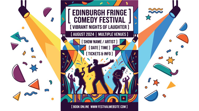 Comedy festival poster template with a stage, spotlights, microphone, and silhouettes of performers