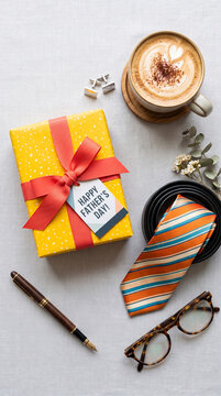 A gift-wrapped box, tie, coffee, pen, and glasses arranged on a textured surface, symbolizing Father's Day celebration and gifts