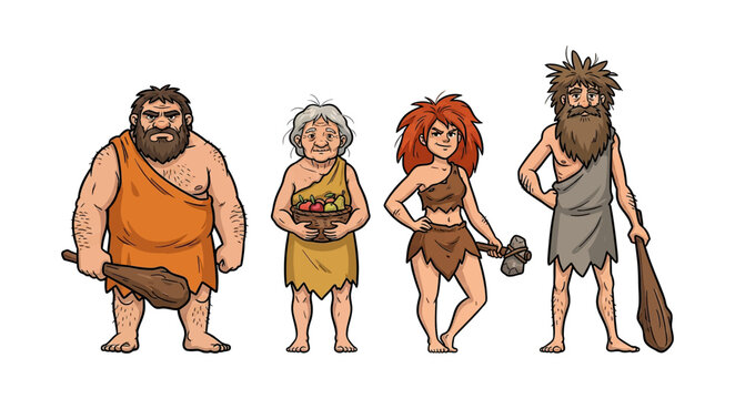 Diverse Group of Prehistoric Cave People Standing Together with Primitive Tools and Food in a Friendly Cartoon Illustration