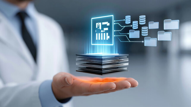 Doctor hand floating file digital record medical data data transfer health care document stack database icon technology concept hospital record