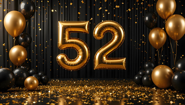 Golden fifty two number balloons on black background with falling confetti for anniversary party.
