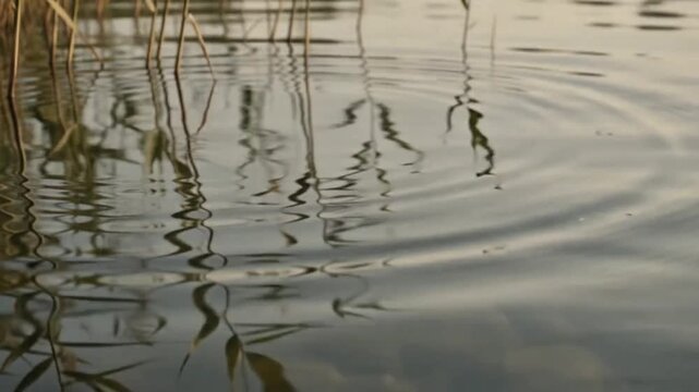 Soft reed reflections moving across calm lake water in natural daylight.