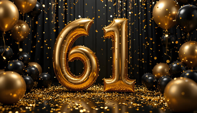 Sixty one number gold foil balloon celebration with black curtains and sparkling festive elements.