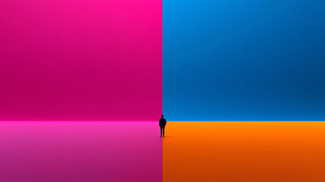 Small Figure Standing at Color Crossroads Representing Decision and Choice