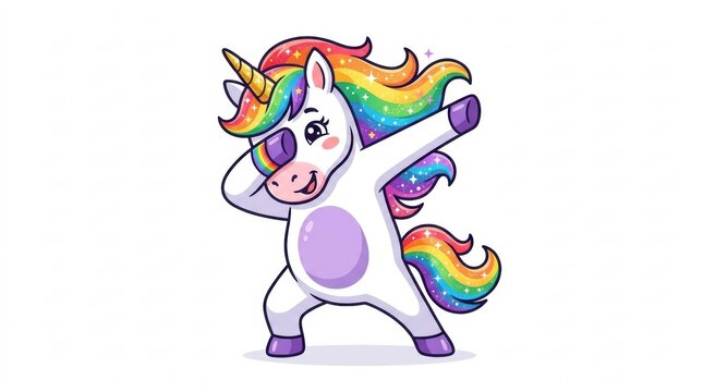 A cute cartoon unicorn with a rainbow mane and tail performing the popular dab dance move isolated illustration