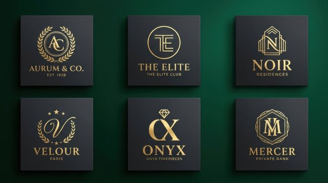 Collection of elegant luxury logo templates with gold metallic typography on dark square backgrounds for premium brand identity