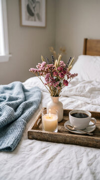 Cozy bed scene with coffee, lit candle, and dried flower bouquet on a wooden tray, symbolizing comfort, relaxation, and hygge lifestyle