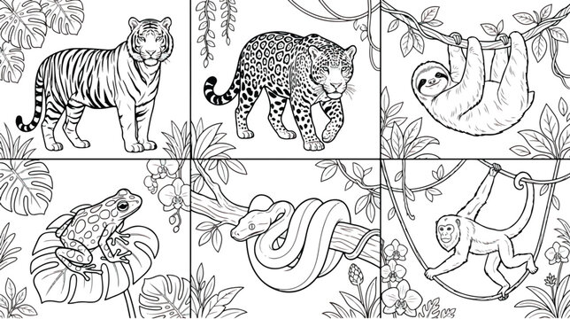Jungle animals coloring book pages, set of 6 tropical wildlife line art illustrations, tiger leopard sloth monkey frog and snake vector drawings