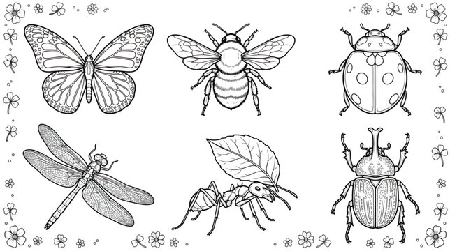 Vintage insect line art collection, set of 6 detailed bug illustrations for coloring, black and white butterfly and bee vector graphics