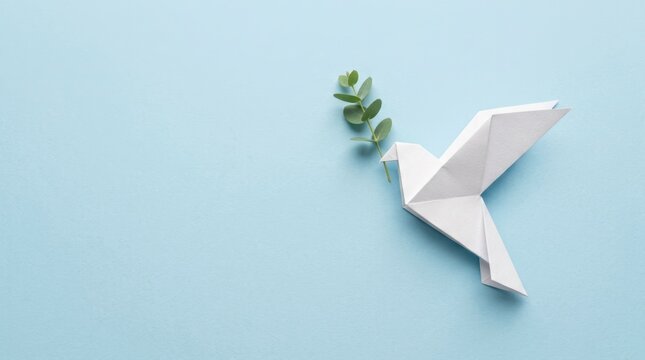 Elegant white origami dove carrying a green olive branch on a soft blue background symbolizes global peace and hope, perfect for international day of peace and spiritual concepts and