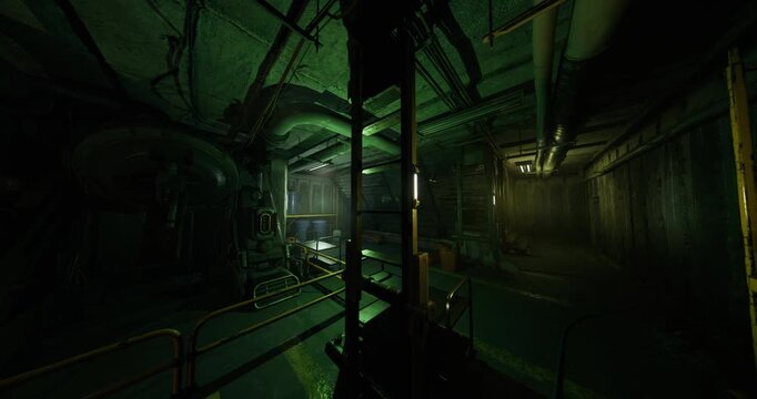 salvage operation corridor with crates and hoist, crew tools scattered on floor, chains and winch under dim lights, scrap metal piles, focused industrious