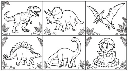 Dinosaur coloring page set with 6 prehistoric animal vectors, cute cartoon dinosaurs line art collection, t-rex and triceratops outline illustrations © Ch