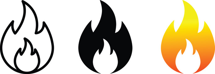 Naklejka premium Set of fire flame icons featuring outline silhouette and colorful gradient styles for web and graphic design projects