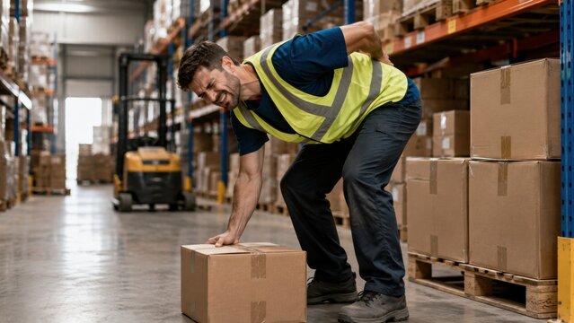 Male warehouse worker suffering from back pain, trying to lift heavy box, experiencing work-related injury.