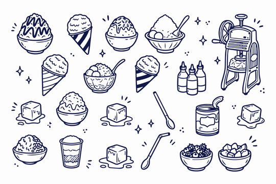 Shaved Ice and Summer Dessert Doodle Icon Set Vector Collection