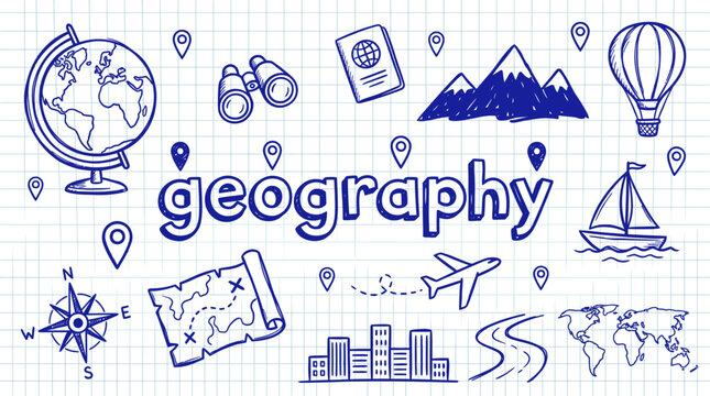 Hand Drawn Educational Geography Doodles Set Featuring Travel Icons and Map Elements on Grid Paper Background