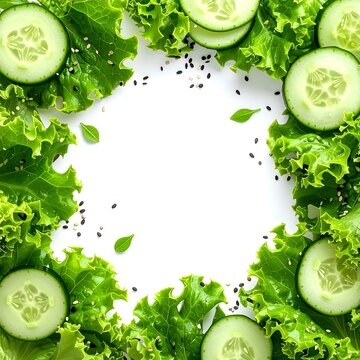 Fresh green lettuce and cucumber slices arranged in a circle.