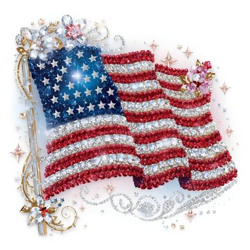 An elegant jewel-encrusted illustration of a flowing American flag crafted completely from glittering rhinestones, Swarovski-style crystals, and polished gemstones. Brilliant ruby-red, crystal white
