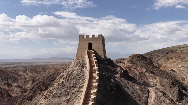 Ancient Chinese Great Wall Watchtower and Fortification on Rugged Mountains in Gansu Province, Northwest China