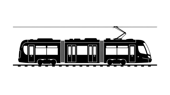 Flat black vector silhouette of a modern city tram or light rail transit vehicle connected to overhead wires, isolated on a white background.
