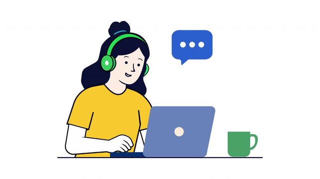 Flat Vector Animation of Woman with Headset Working on Laptop with Chat Bubble