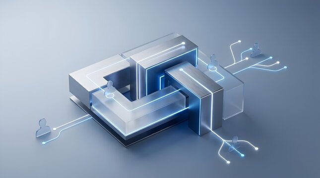 Isometric 3D tech block with glowing circuit lines.