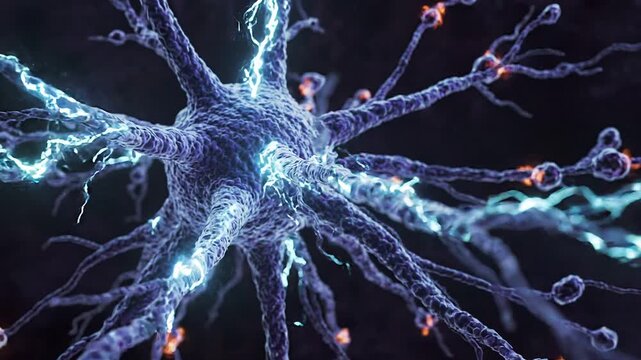 Neuron structure with electric impulses flowing through dendrites, showcasing dynamic activity and transformation in a dark, abstract environment
