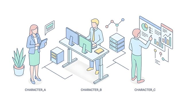 Isometric business people working in modern office environment.