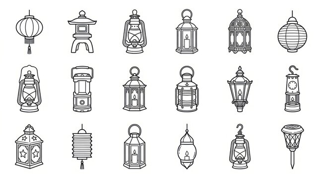 Collection of sixteen vintage and modern lantern designs in black and white illustration.