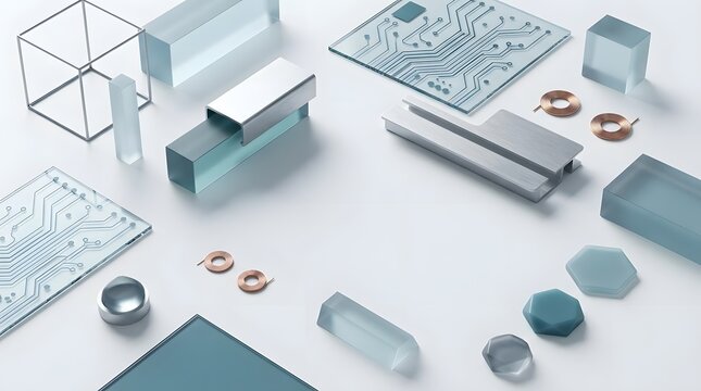 Isometric view of glass and metal electronic components.