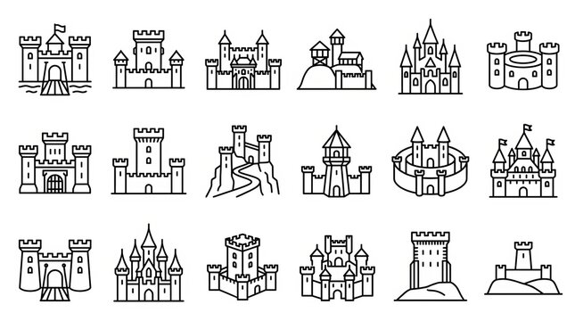 Collection of detailed black and white line art castle illustrations for design projects.