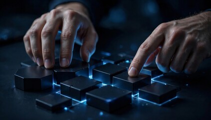 Fototapeta premium Hands on glowing keyboard symbolize digital financial consulting, data driven analysis, secure advisory, and modern investment planning.