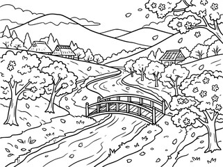 Fototapeta premium Cherry blossom valley coloring page. Spring landscape with river and wooden bridge illustration.