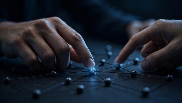 Hands connect digital node on dark interface, symbolizing hris data network, employee record, payroll workflow and workforce management.