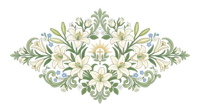 Vintage Botanical Illustration of White Lilies with a Central Golden Cross and Sunburst