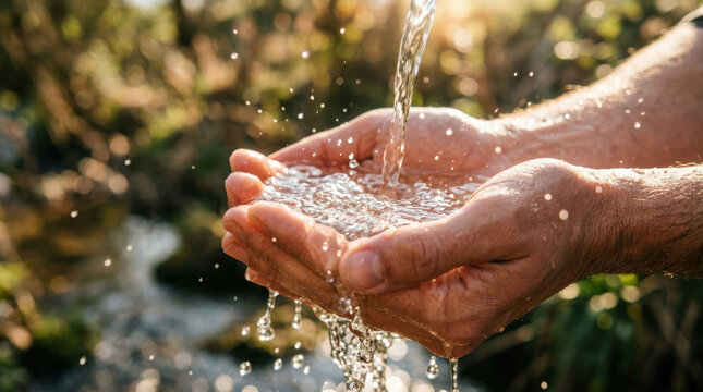 Clean water access natural hand holding fresh liquid outdoor environment sunlight nature flow drop splash purity health refreshment