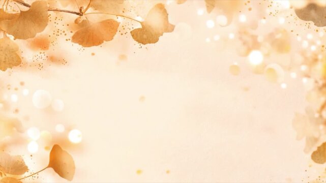 Ginkgo leaves frame the edges of a soft, warm-toned background with gentle bokeh light effects.