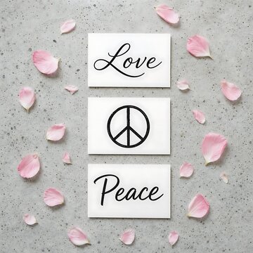 Love peace and pink petals on a gray background with calligraphy and symbols