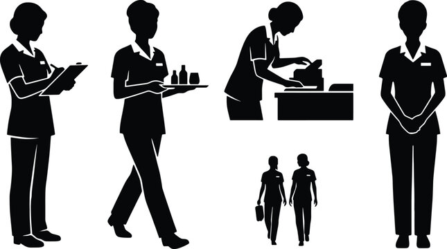 Silhouette Collection Of Service Workers In Various Poses And Actions waiter waitress