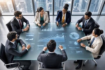 Obraz premium Corporate management team analyzing strategy data charts on a glass boardroom table in a modern office.